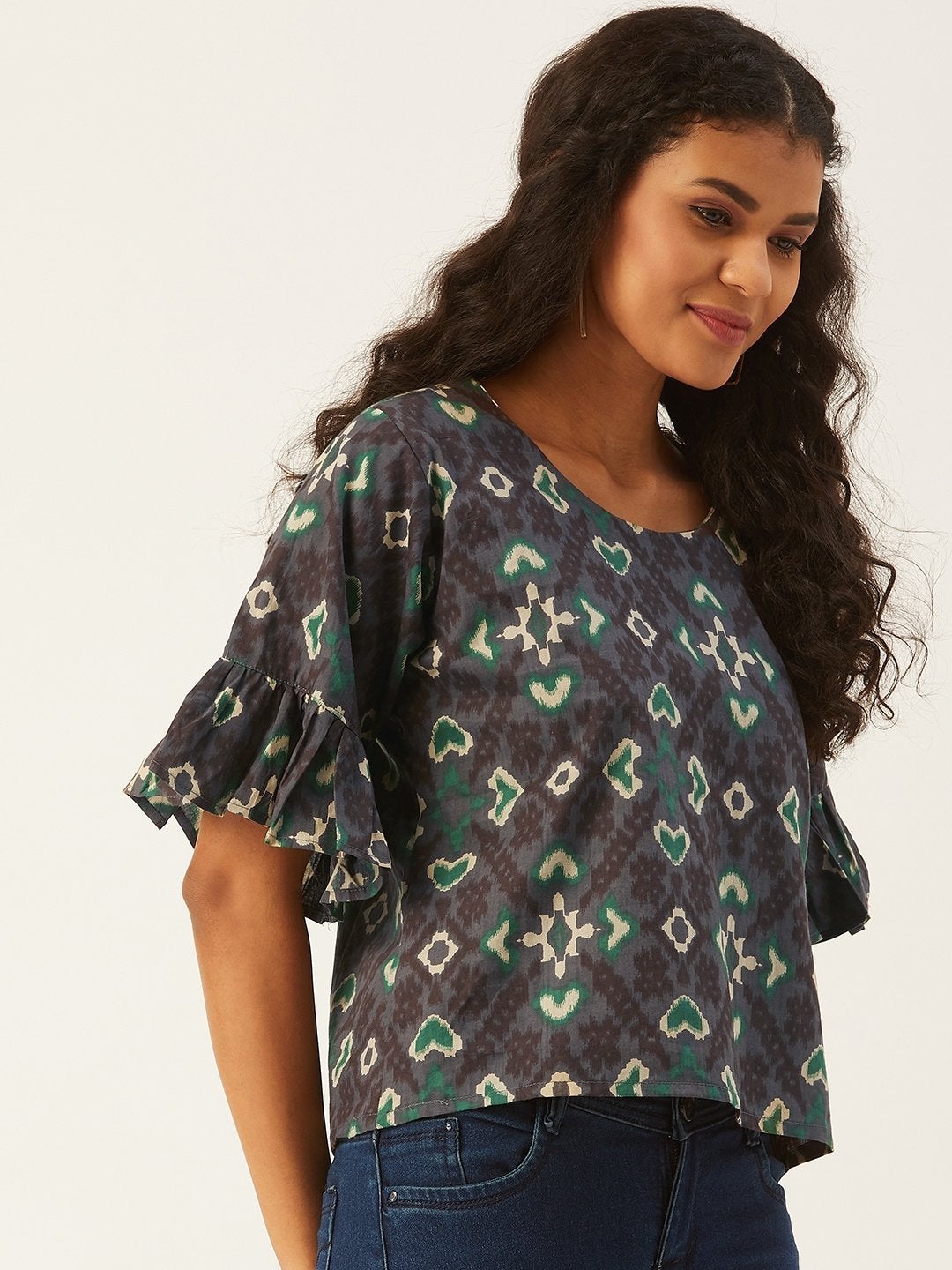 Women's Grey-Green Top  With Frill Sleeve - InWeave