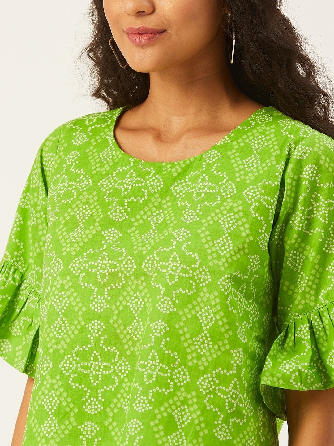 Women's Green Bandhani Top With Frill Sleeve - InWeave