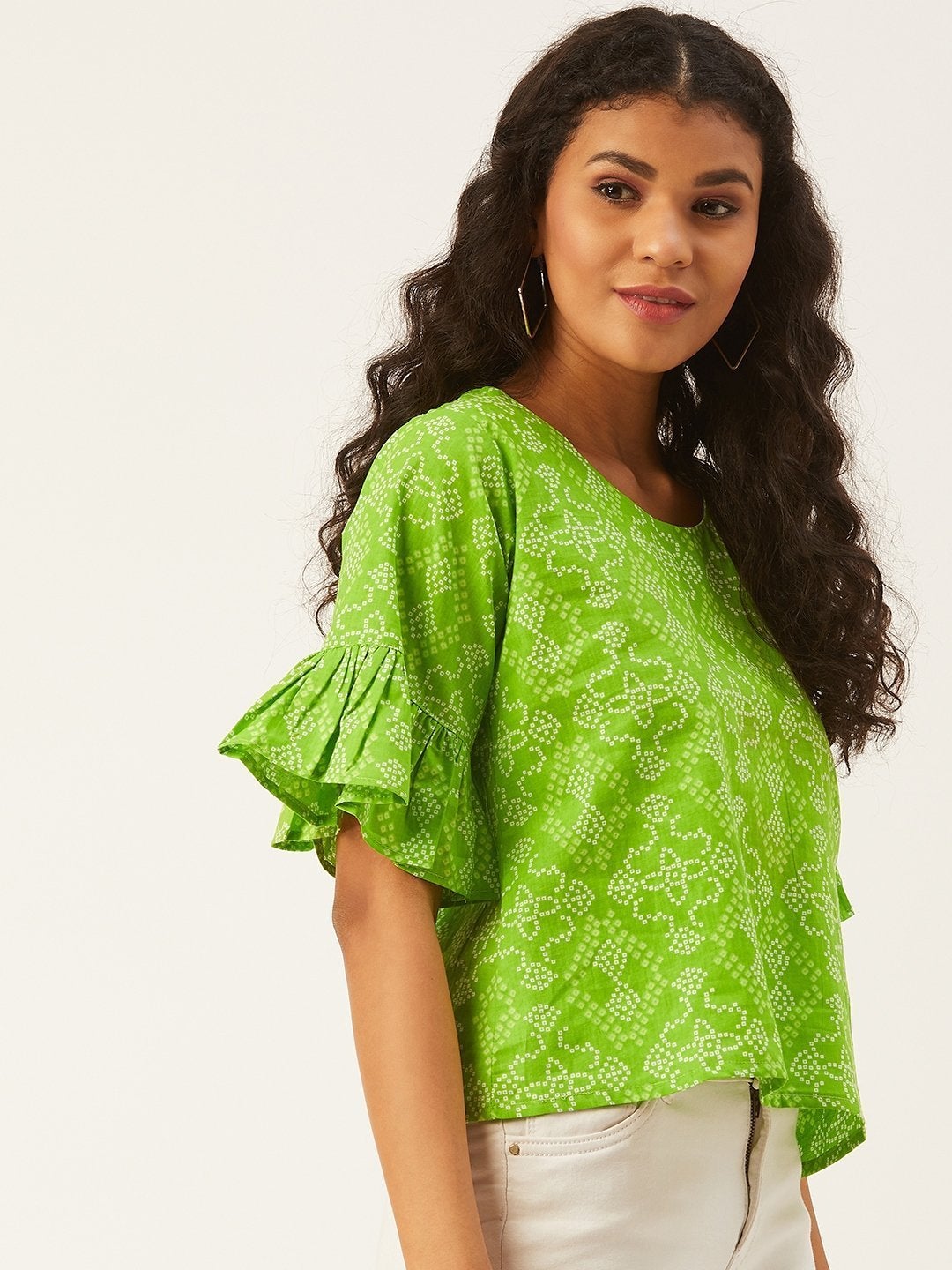 Women's Green Bandhani Top With Frill Sleeve - InWeave