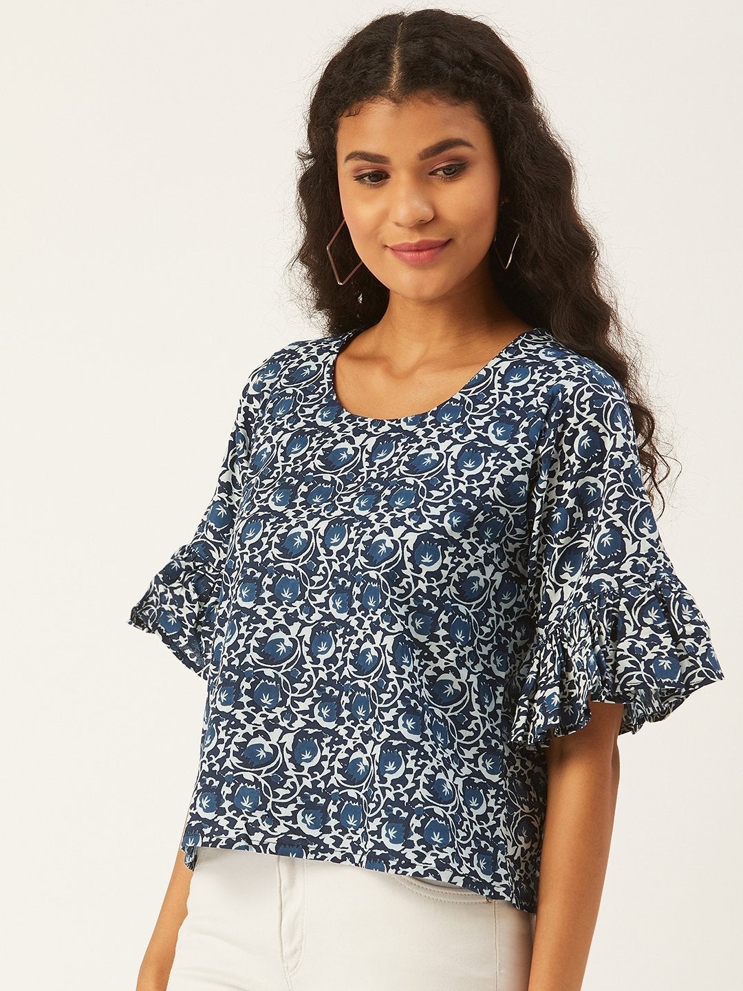 Women's Blue Printed Top With Frill Sleeve - InWeave