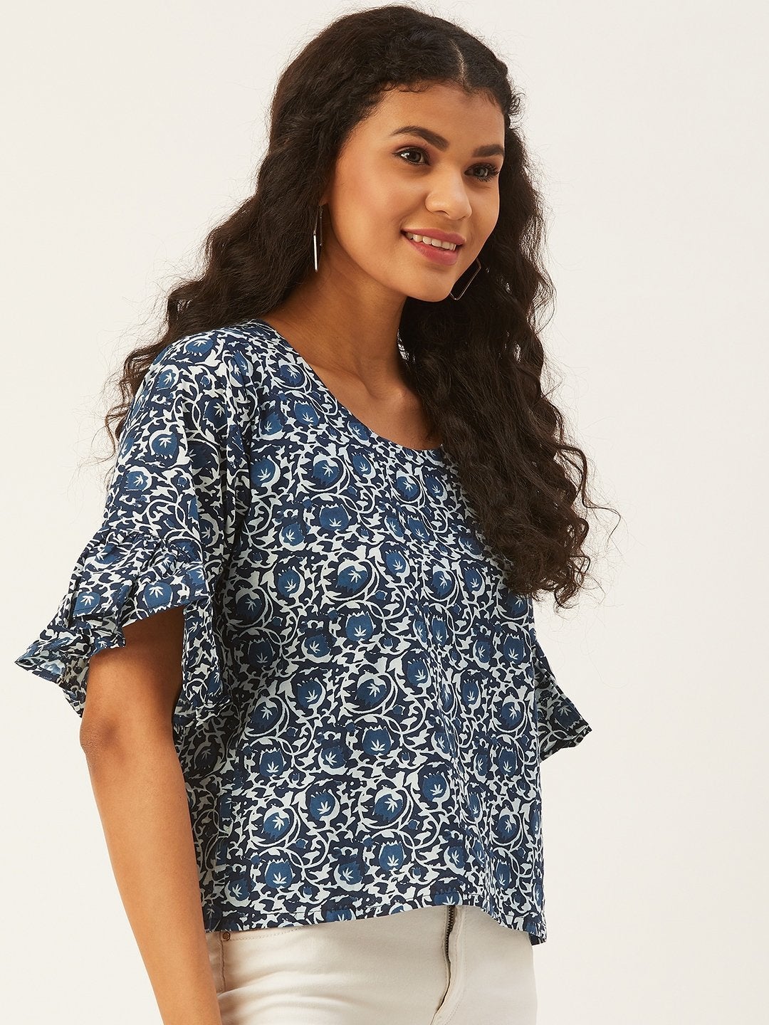 Women's Blue Printed Top With Frill Sleeve - InWeave