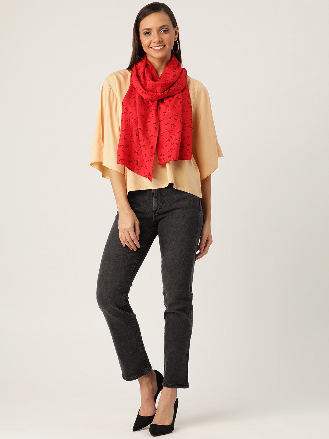 Women's Beige Top With Red Stole - InWeave