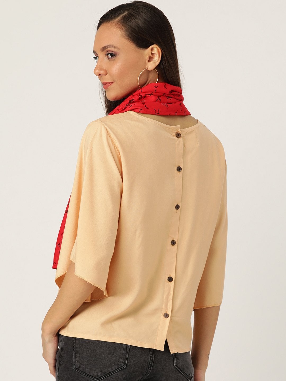 Women's Beige Top With Red Stole - InWeave