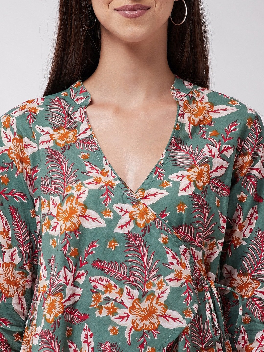 Women's Green Floral Leaf Assymetric Top - InWeave