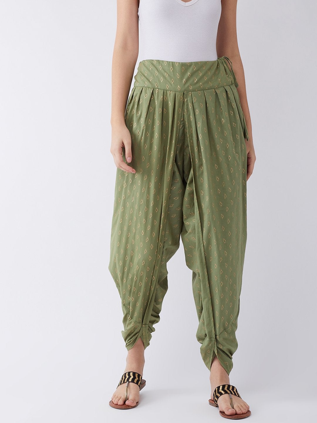 Women's Green Gold Leaf Print Dhoti
