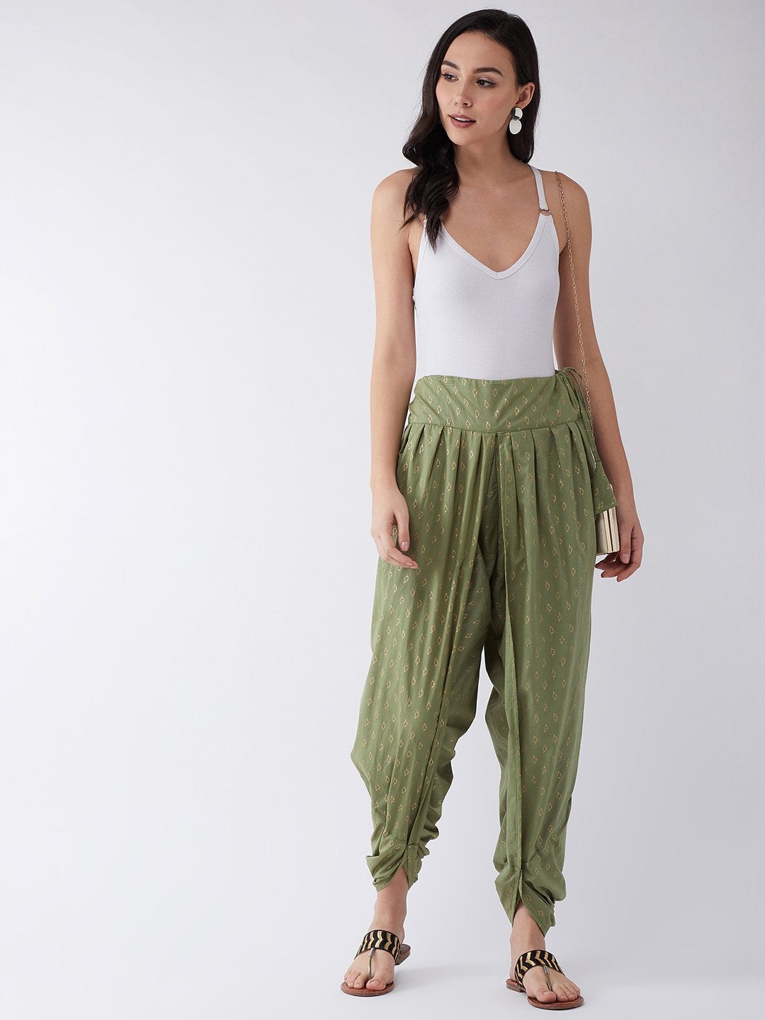 Women's Green Gold Leaf Print Dhoti