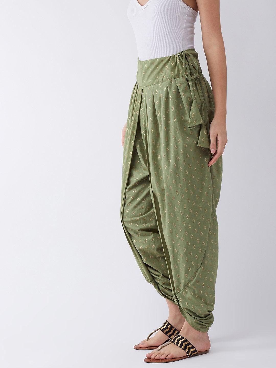 Women's Green Gold Leaf Print Dhoti