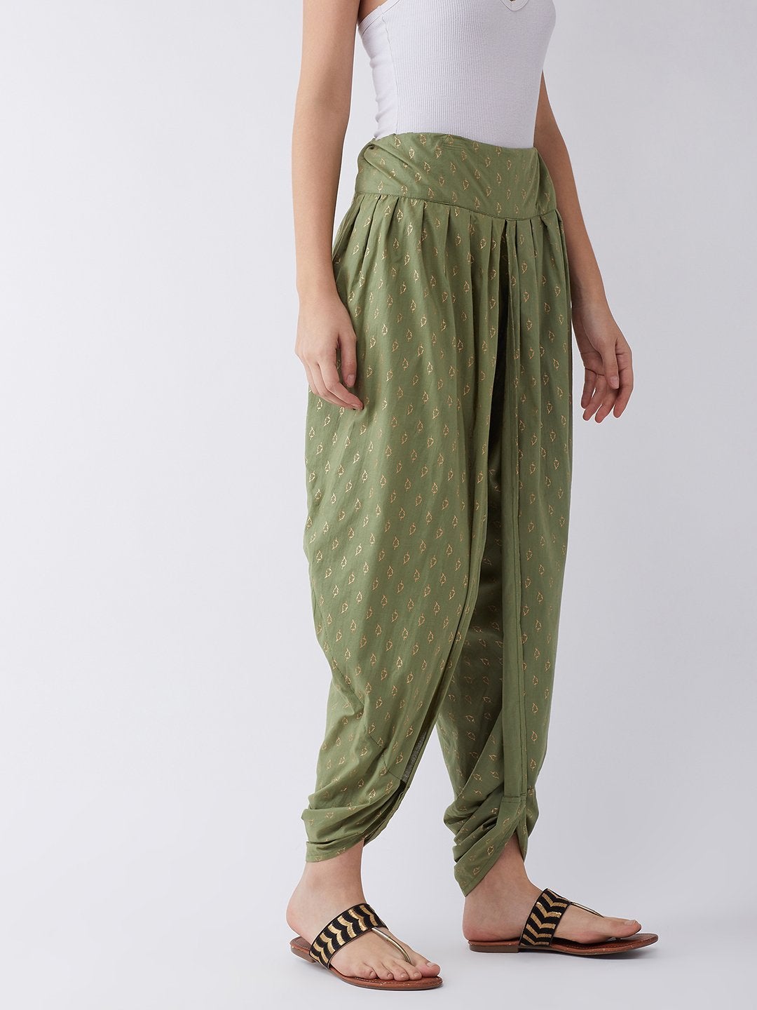 Women's Green Gold Leaf Print Dhoti