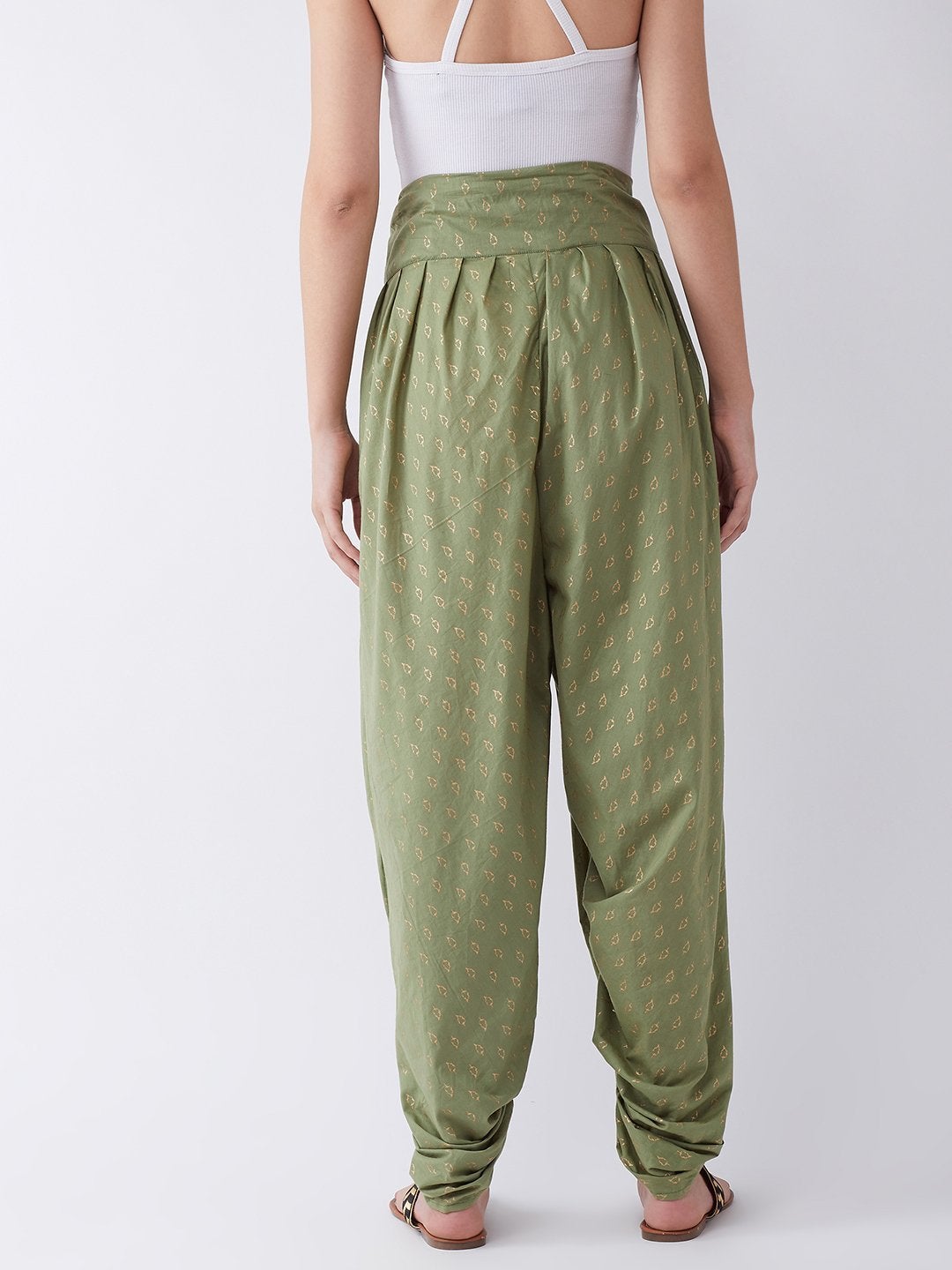 Women's Green Gold Leaf Print Dhoti