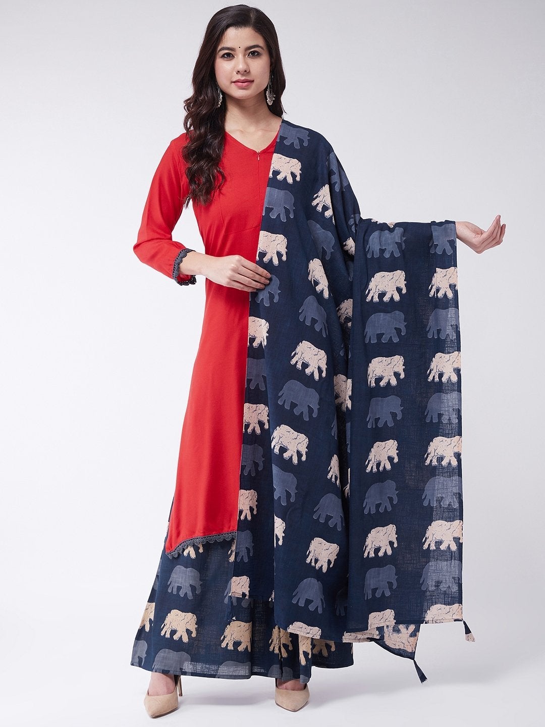 Women's Blue Elephant Dupatta - InWeave