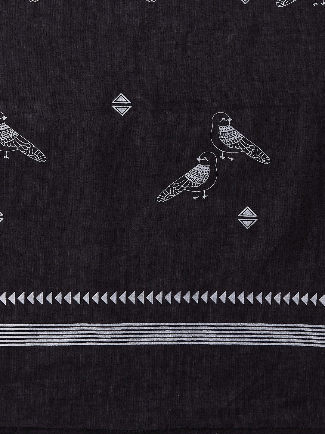 Women's Black Bird Print Cotton Dupattas - InWeave