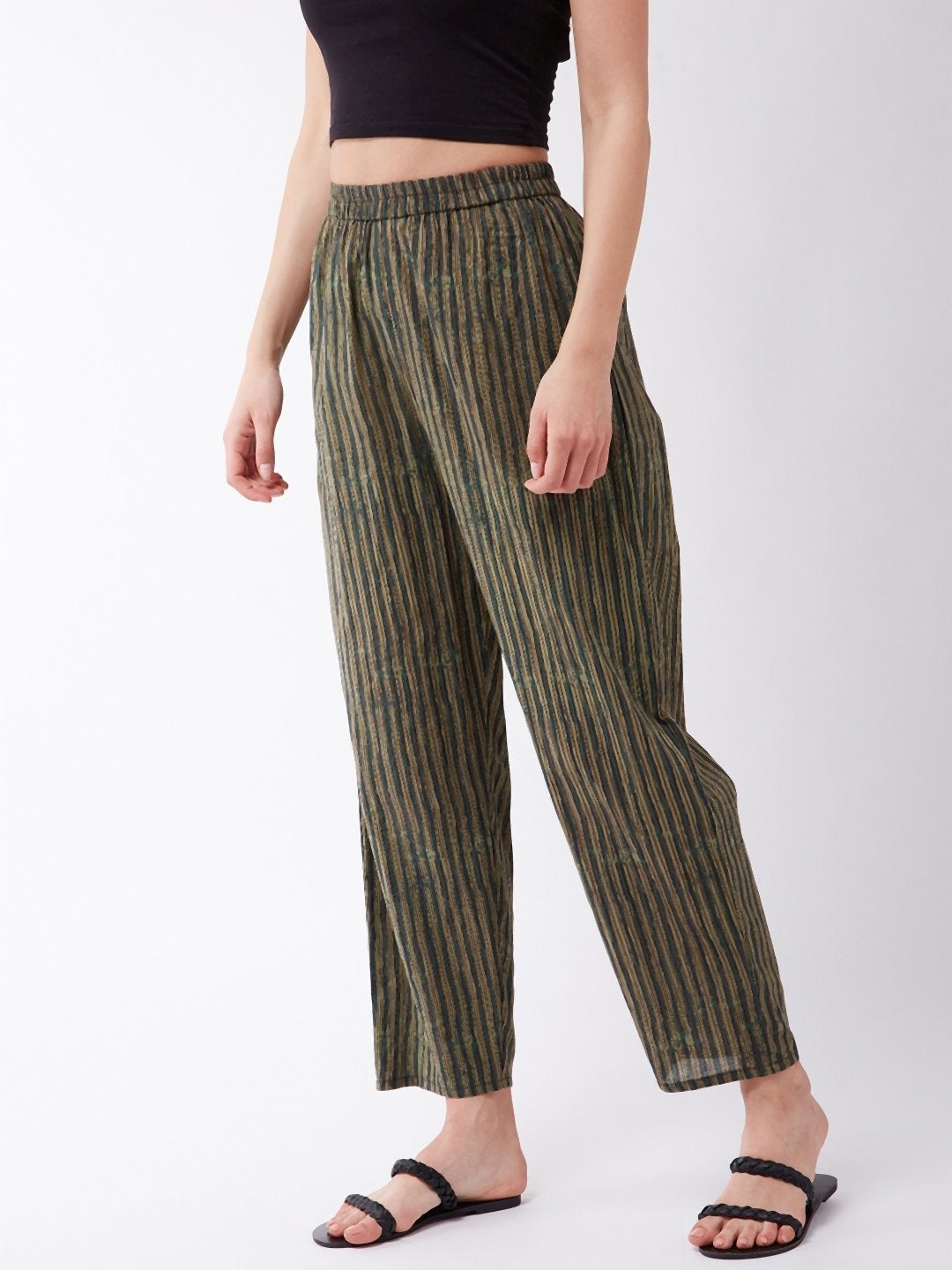 Women's Dark Green Striped Pant - InWeave