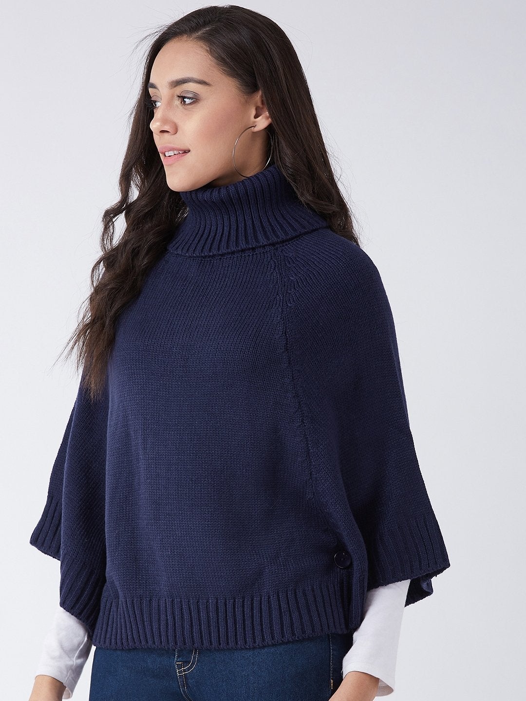 Women's Navy Blue Sweater Poncho - InWeave