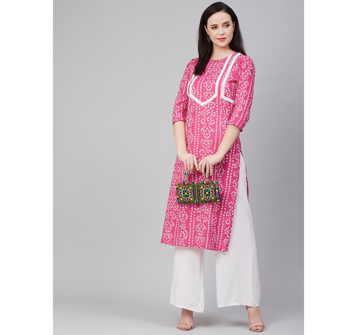 Women's  Pink & White Yoke Design Straight Bandhani Kurta - Wahe-NOOR