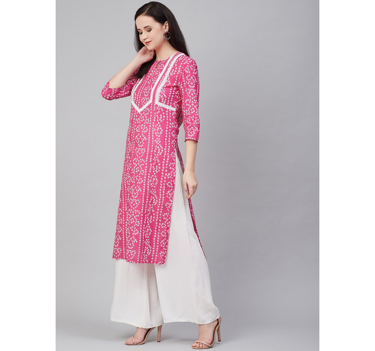 Women's  Pink & White Yoke Design Straight Bandhani Kurta - Wahe-NOOR