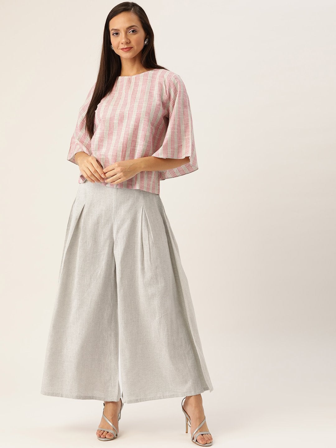 Women's Grey And Pink Handloom Top Bottom Set - InWeave