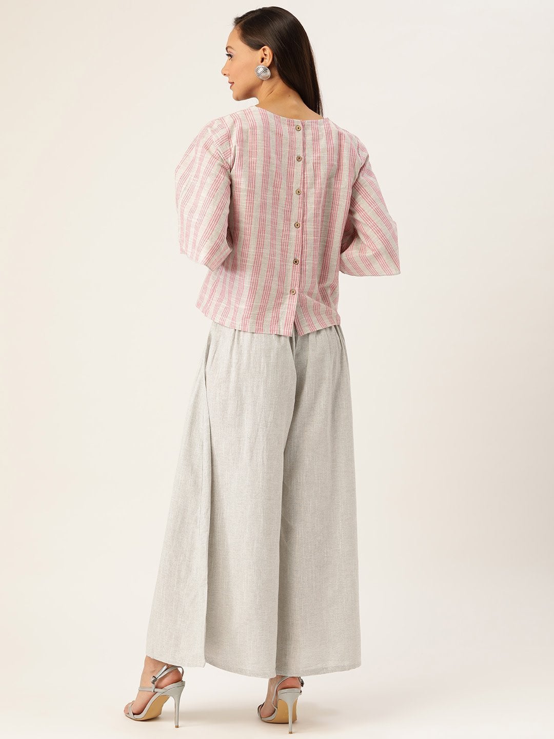 Women's Grey And Pink Handloom Top Bottom Set - InWeave