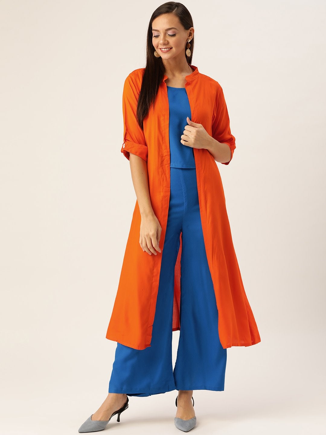 Women's Blue Set With Orange Shrug - InWeave