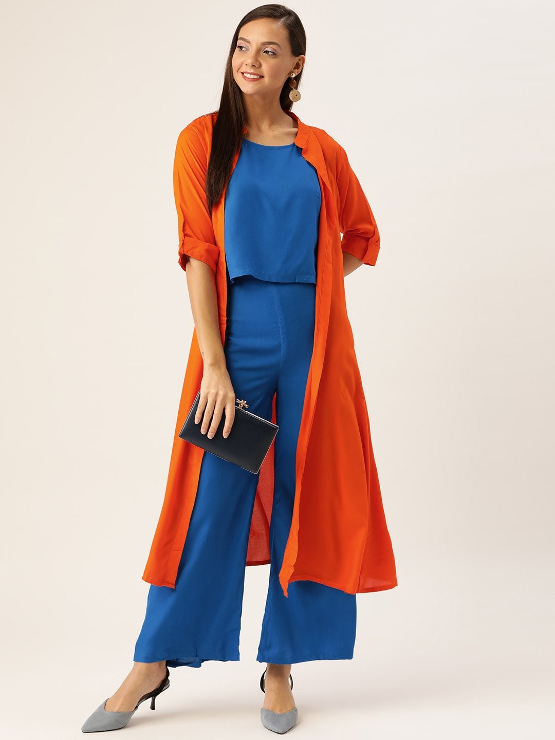 Women's Blue Set With Orange Shrug - InWeave