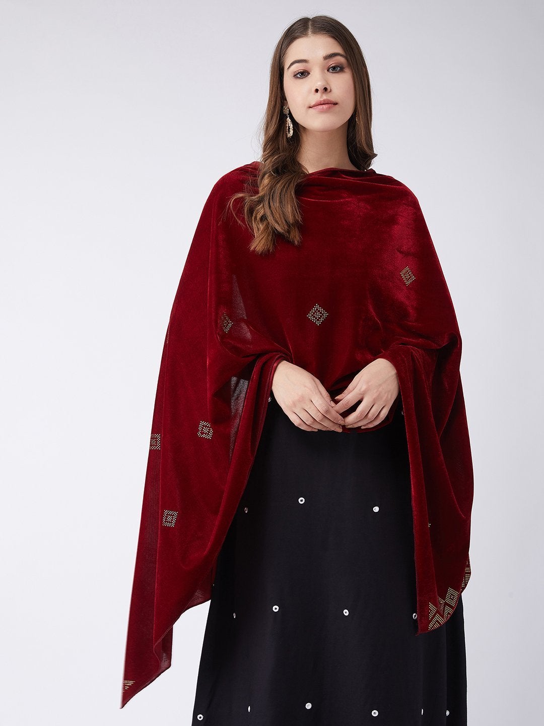 Women's Maroon Velvet Shawl With Faux Crystals - InWeave