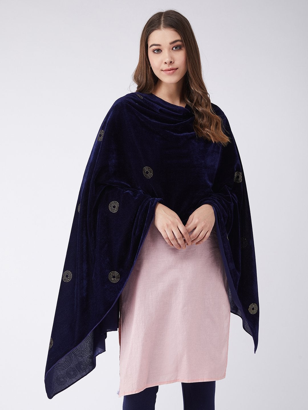 Women's Blue Velvet Shawl With Faux Crystals - InWeave