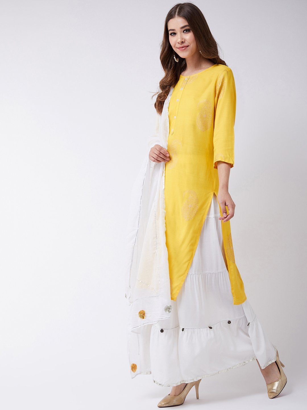 Women's Yellow Kurta With Skirt And Dupatta - InWeave