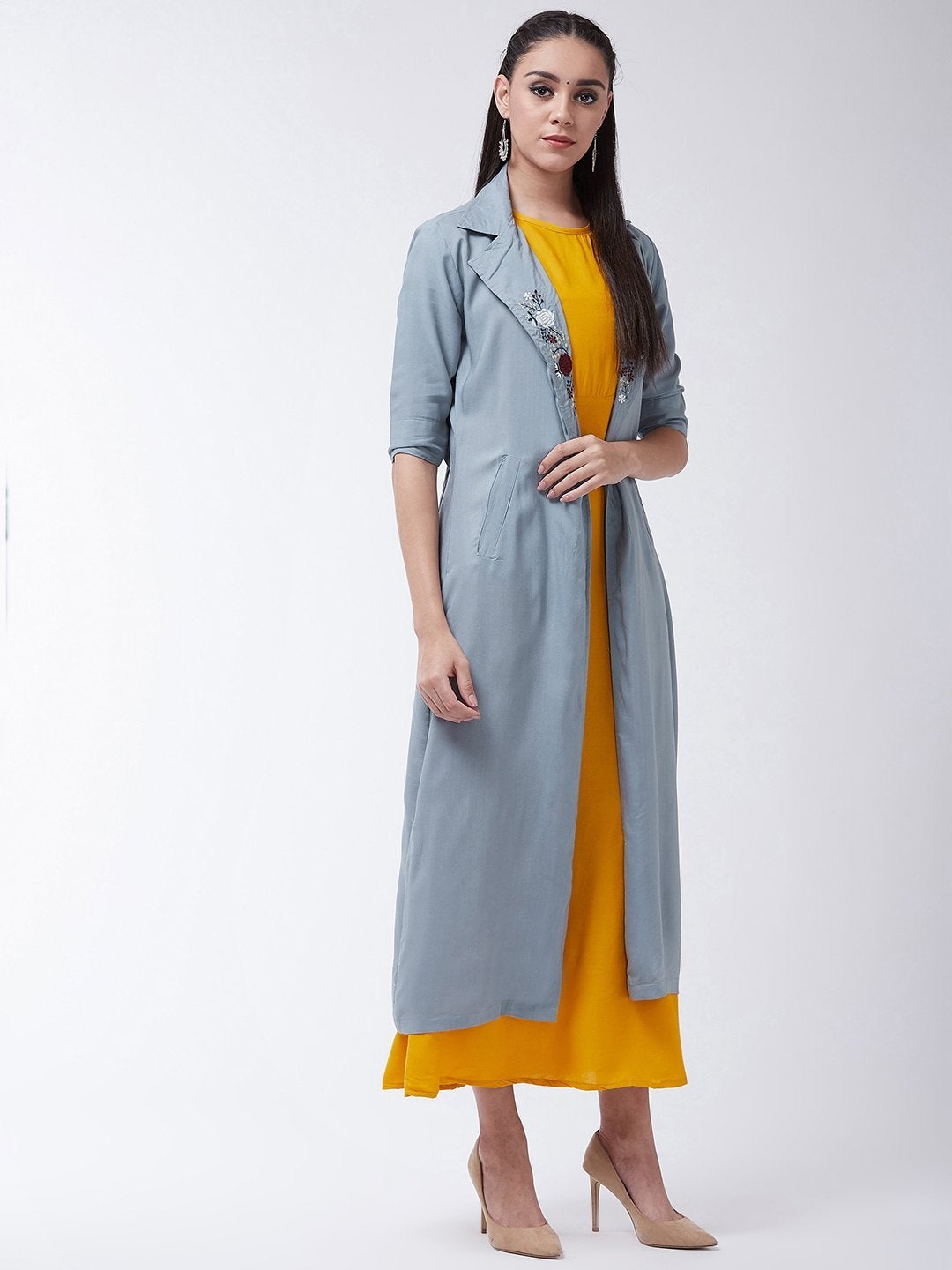 Women's Mustard Dress With Grey Jacket - InWeave