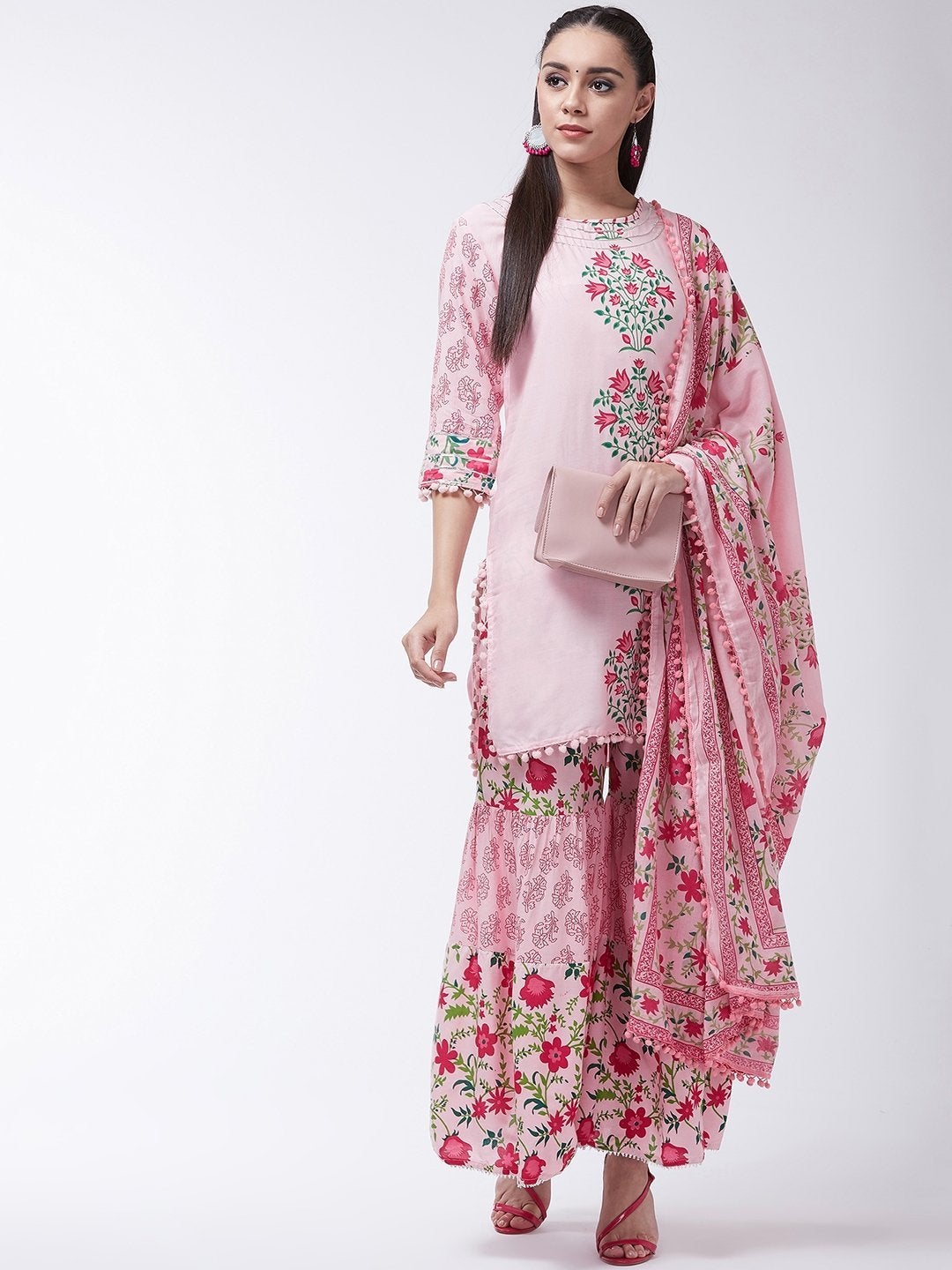 Women's Pink Printed Kurta With Sharara And Dupatta Set - InWeave