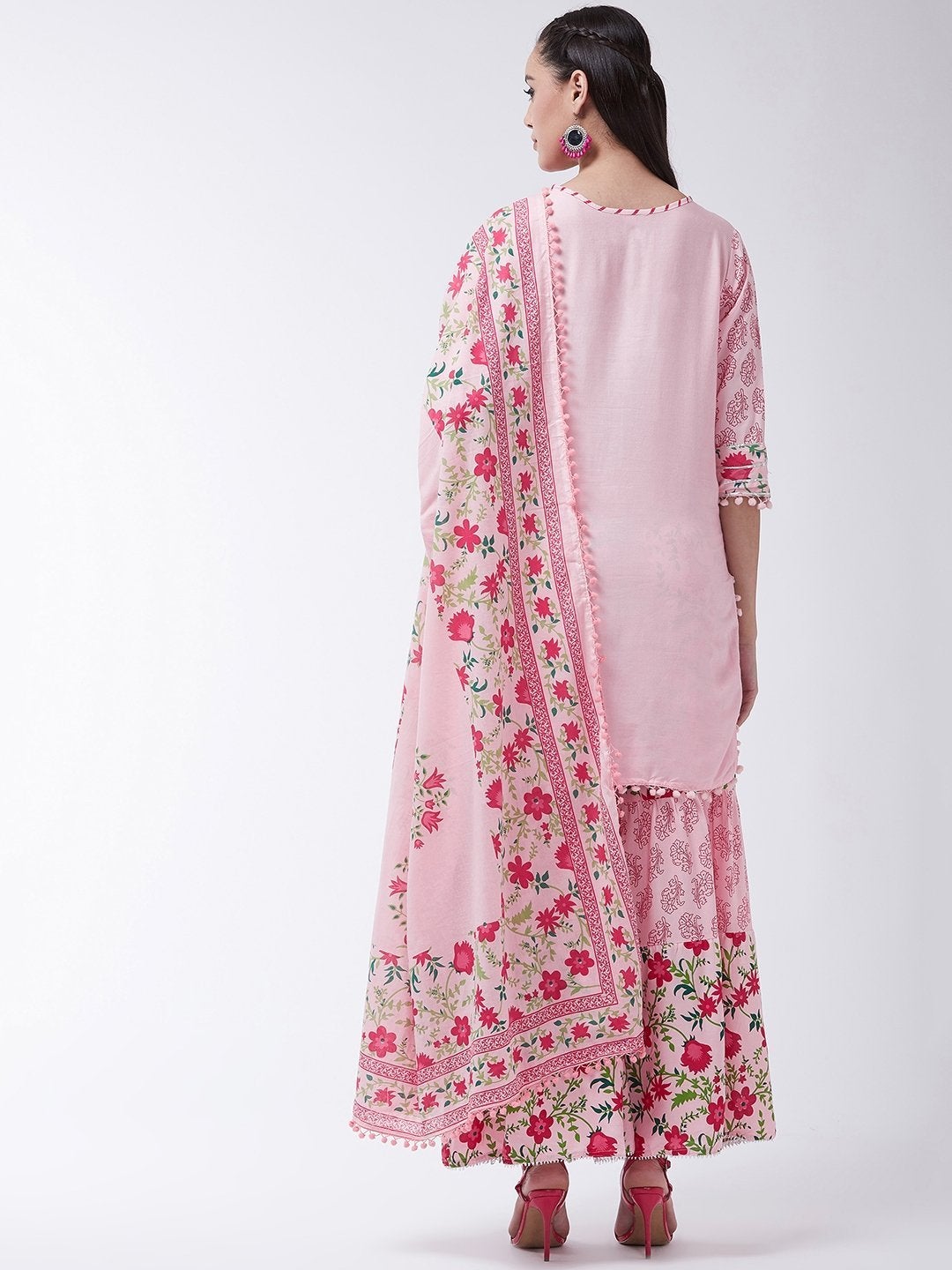 Women's Pink Printed Kurta With Sharara And Dupatta Set - InWeave