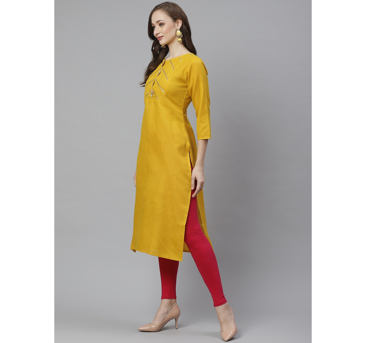 Women's  Mustard Yellow Gotta Patti Yoke Design Straight Kurta - Wahe-NOOR