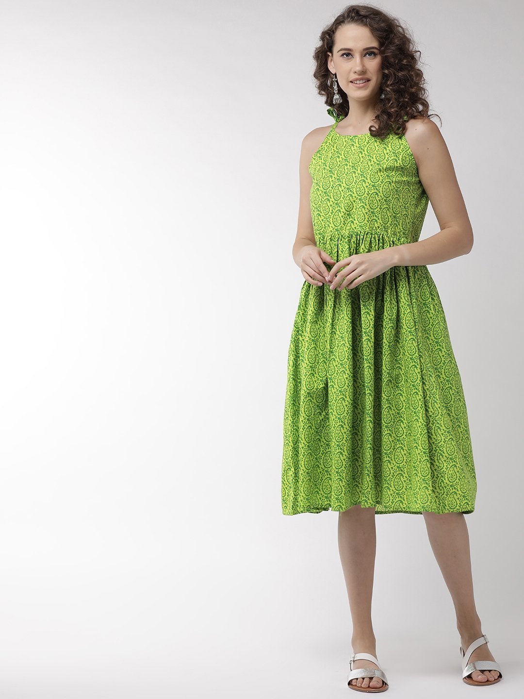 Women's Green Printed Halter Dress - InWeave