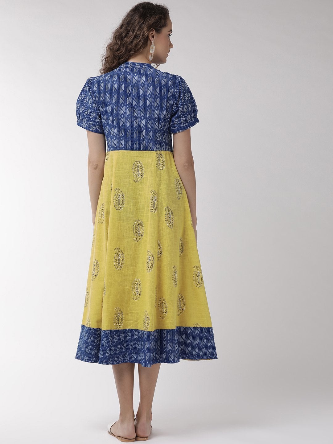 Women's Blue With Mustard Prints Dress - InWeave