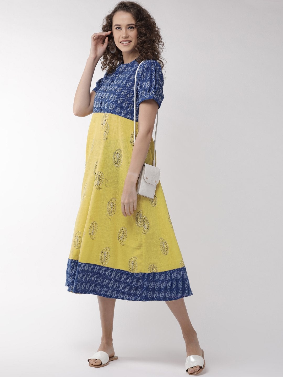 Women's Blue With Mustard Prints Dress - InWeave