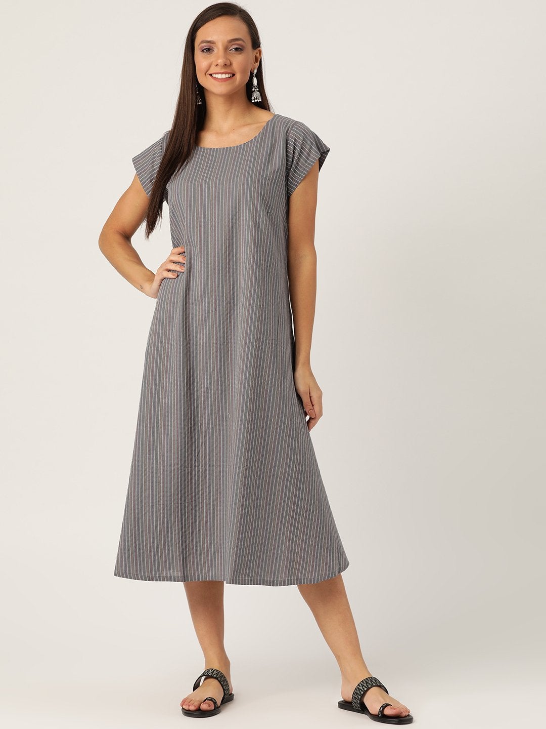 Women's Grey Kantha A Line Dress - InWeave