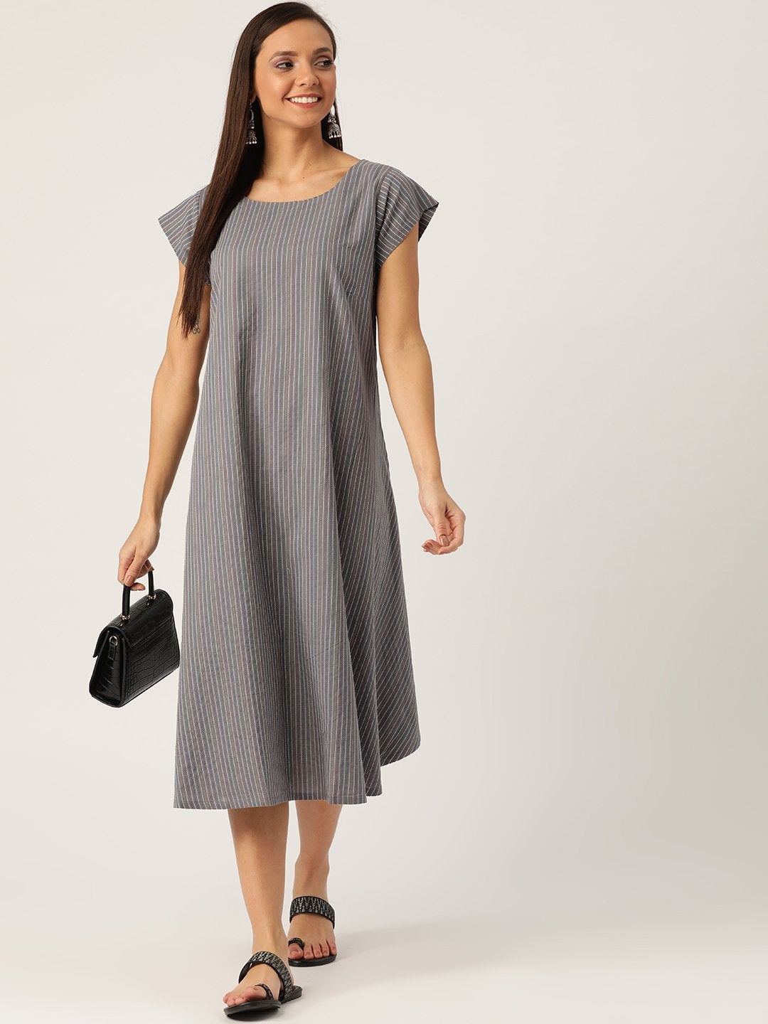 Women's Grey Kantha A Line Dress - InWeave