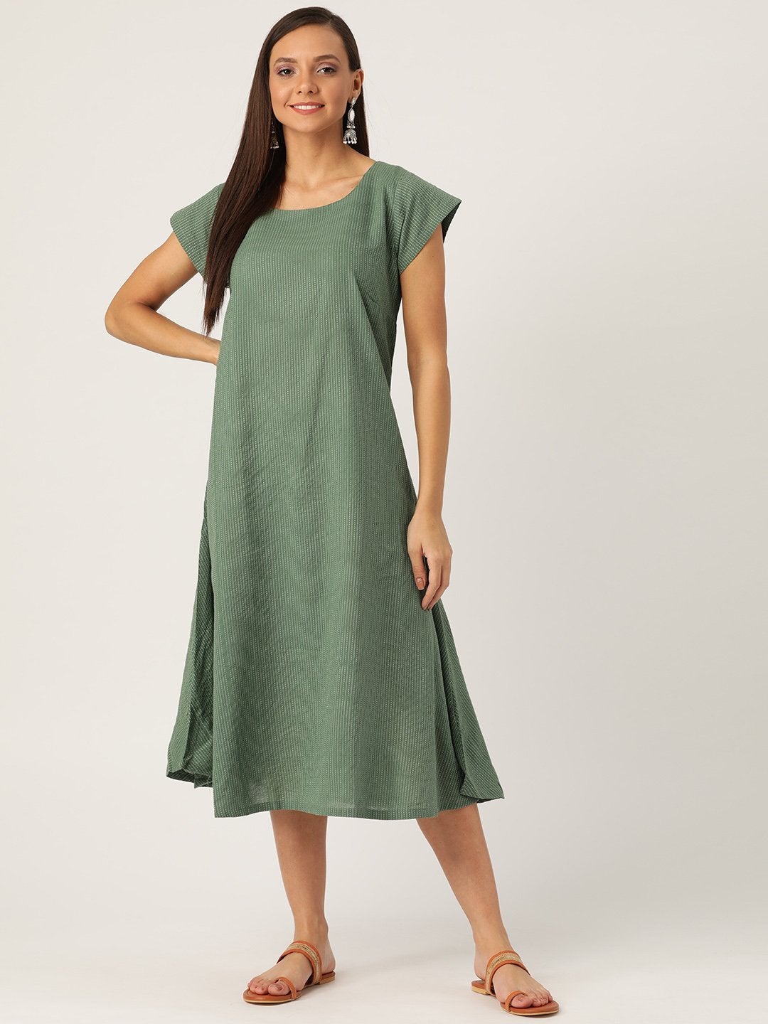Women's Dark Green Kantha A Line Dress - InWeave