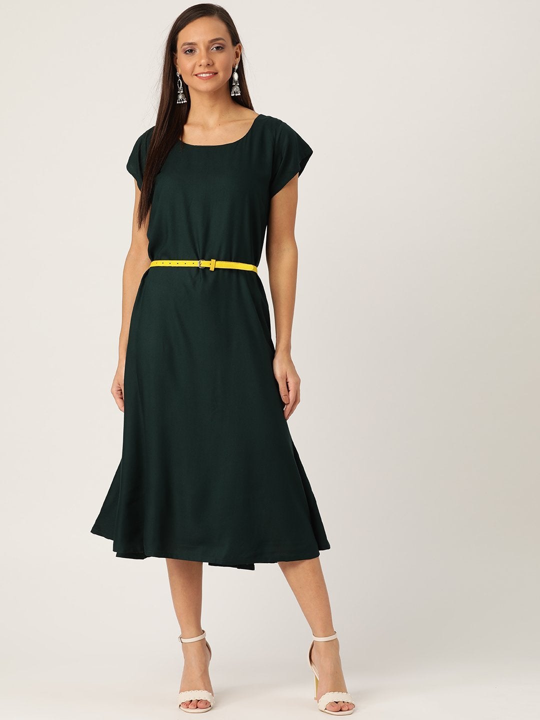 Women's Dark Green Dress Yellow Belt - InWeave