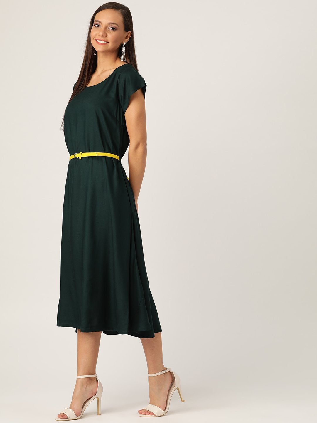 Women's Dark Green Dress Yellow Belt - InWeave