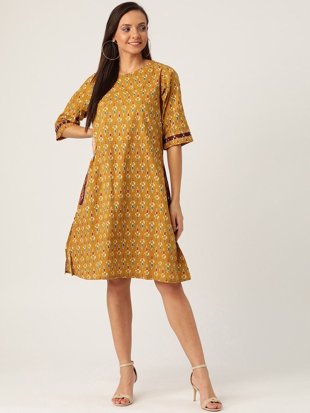 Women's Mustard Kantha Ikkat Dress - InWeave
