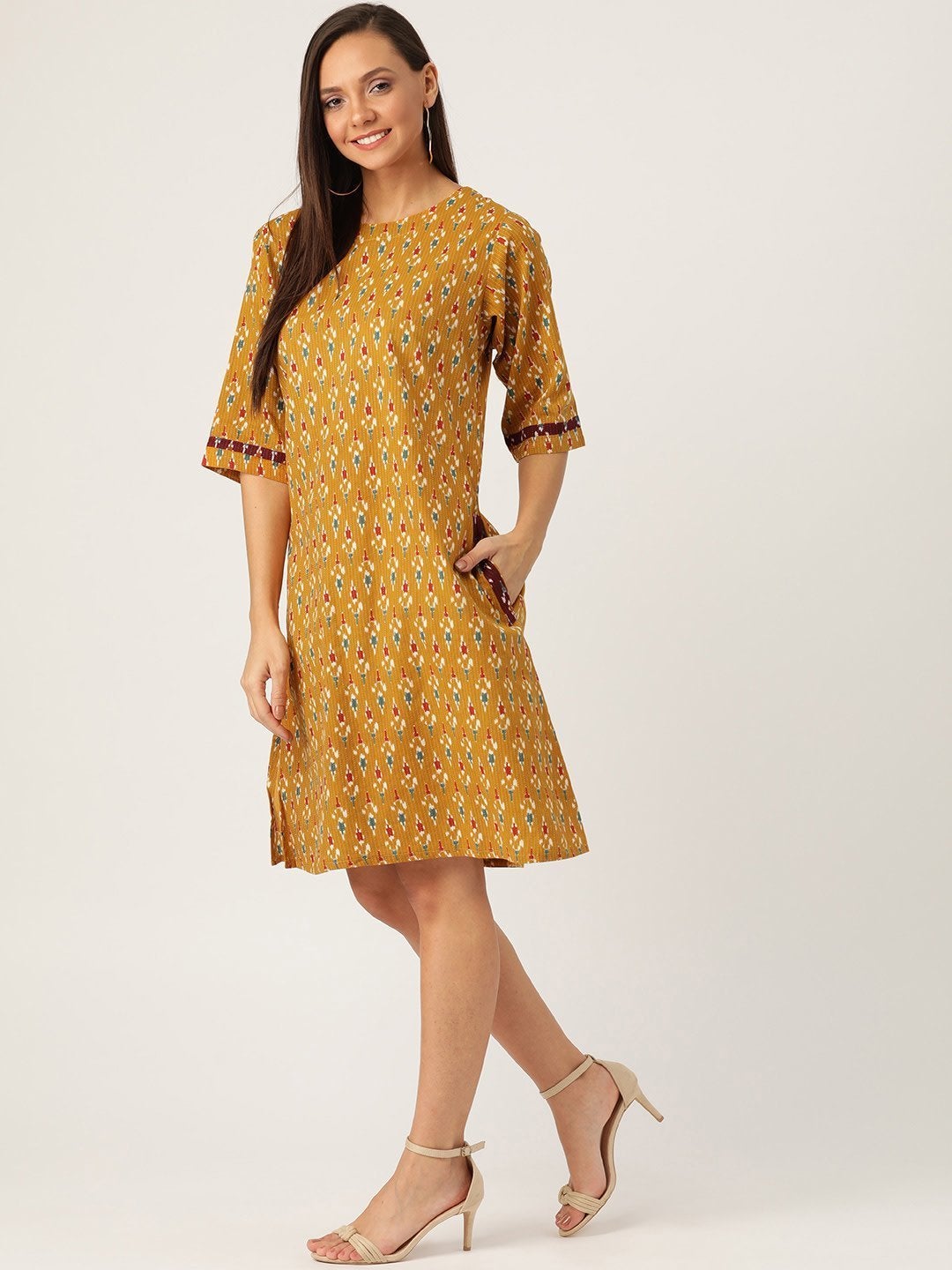 Women's Mustard Kantha Ikkat Dress - InWeave