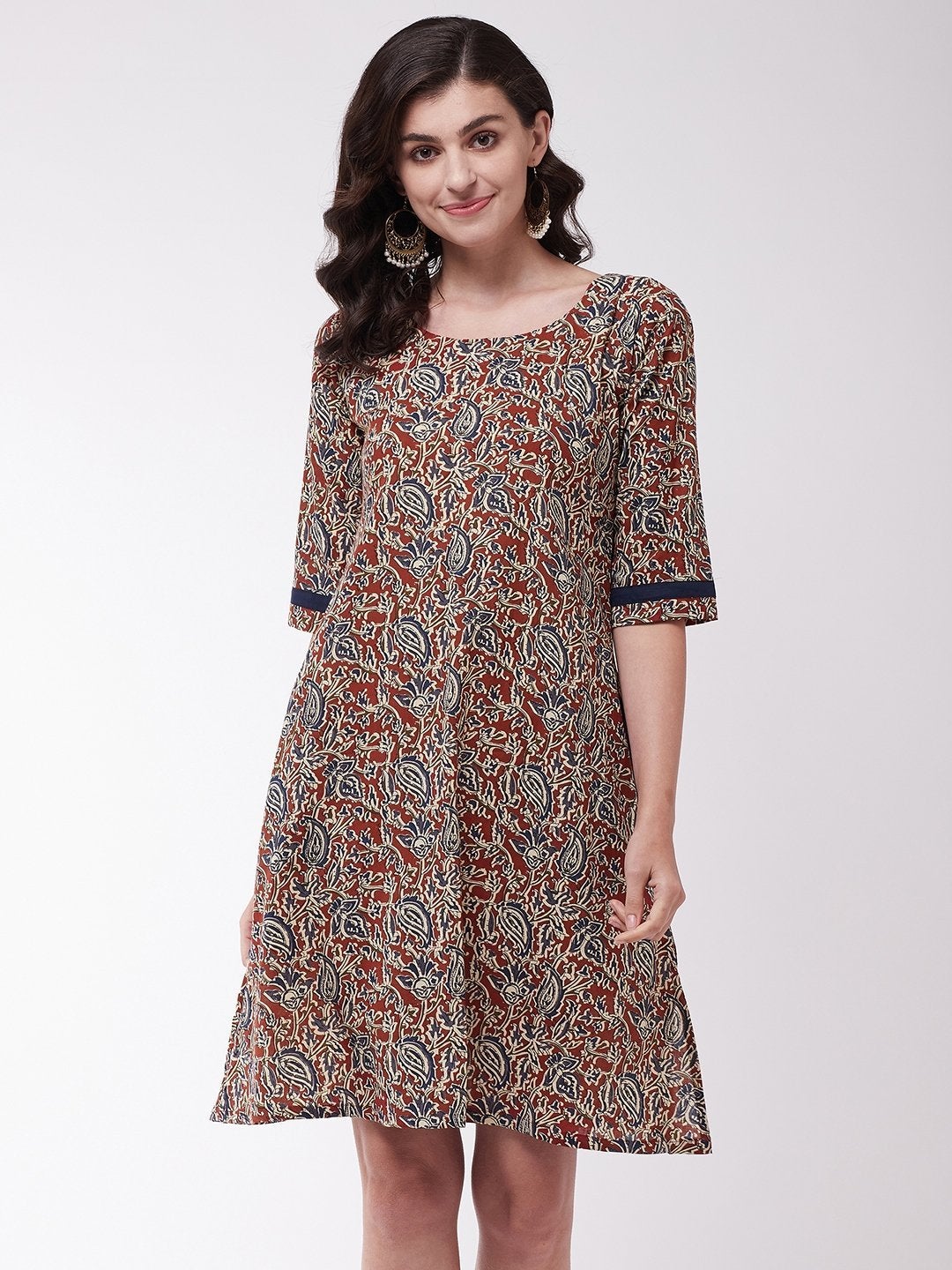 Women's Maroon Kalamkari Short Dress - InWeave