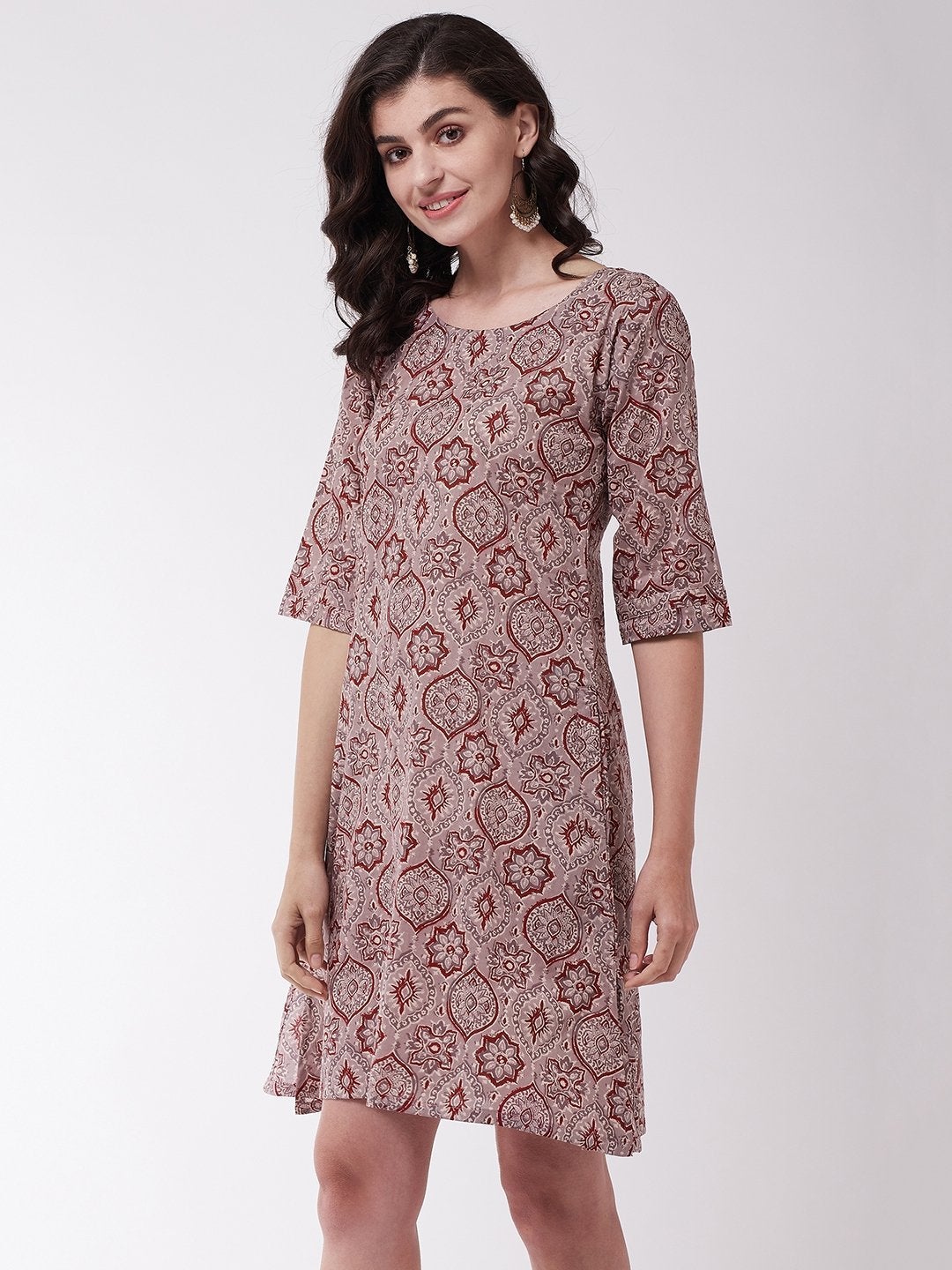 Women's Grey And Maroon Print Dress - InWeave