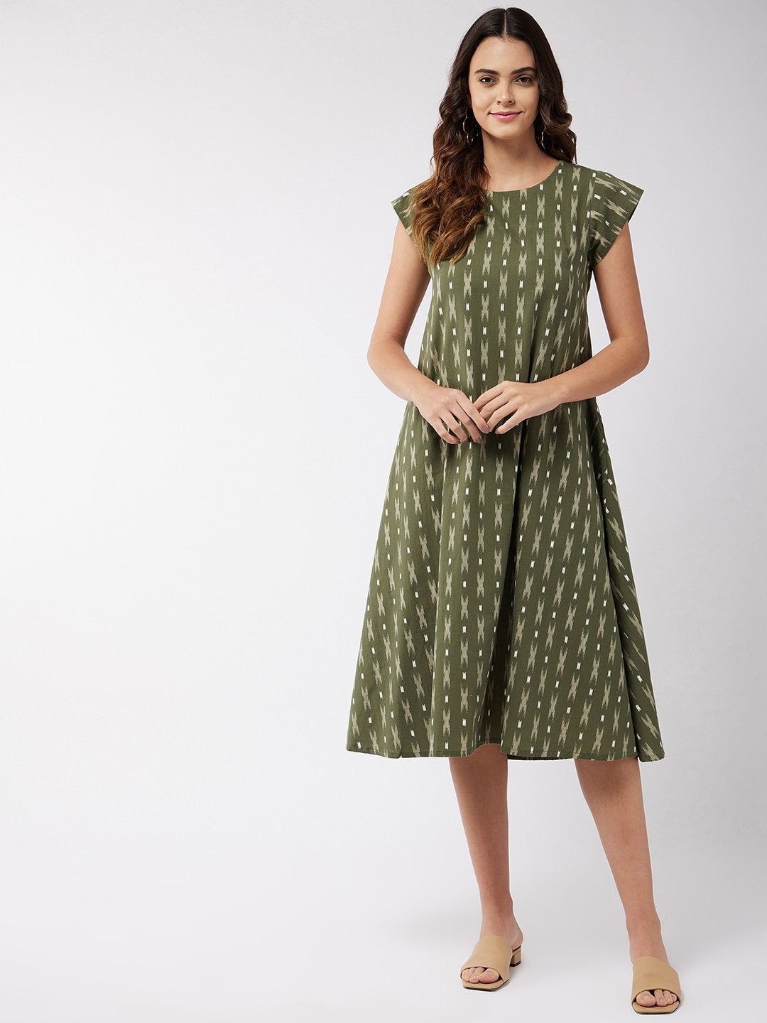 Women's Moss Green Ikkat Dress - InWeave