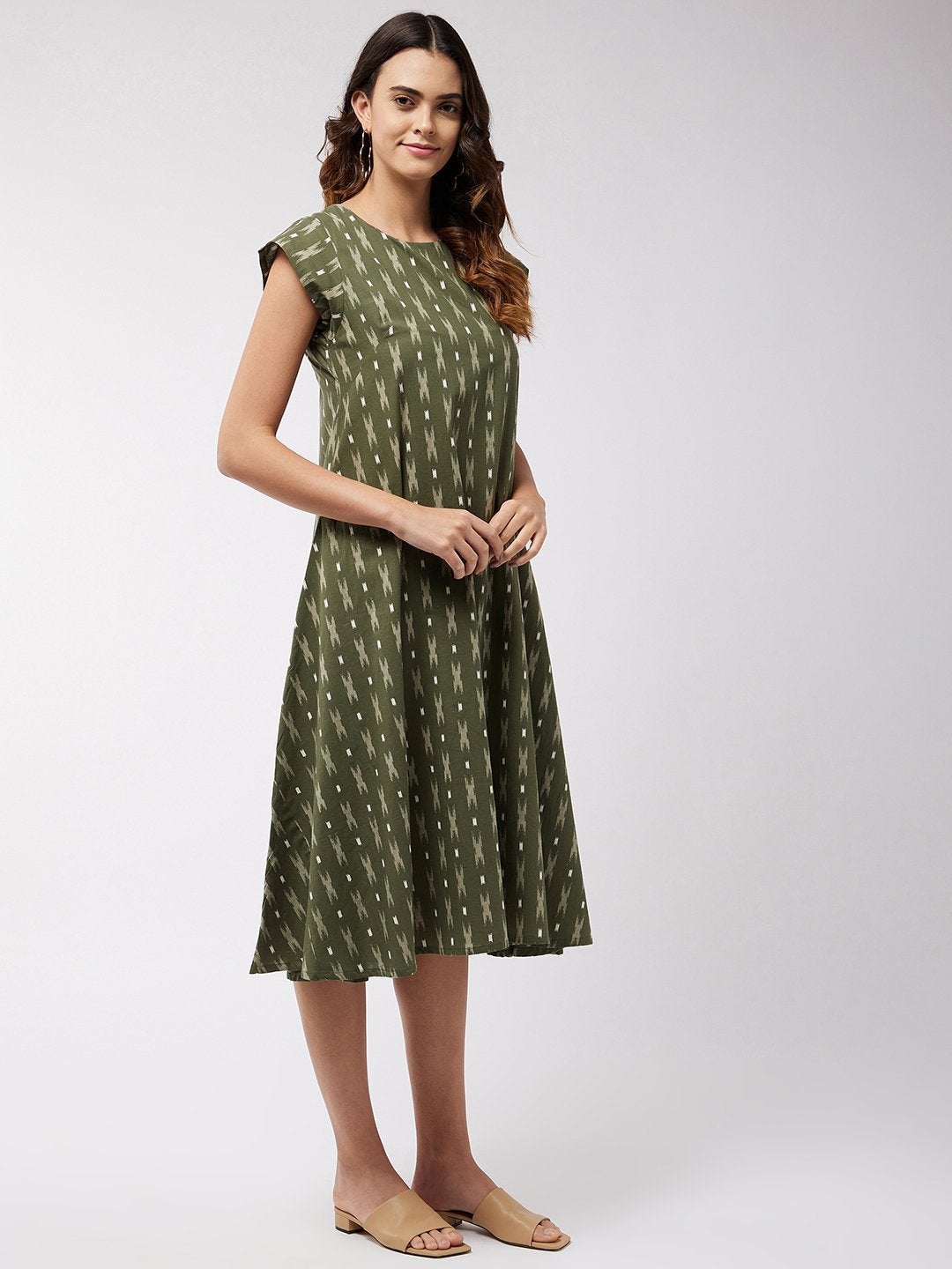 Women's Moss Green Ikkat Dress - InWeave
