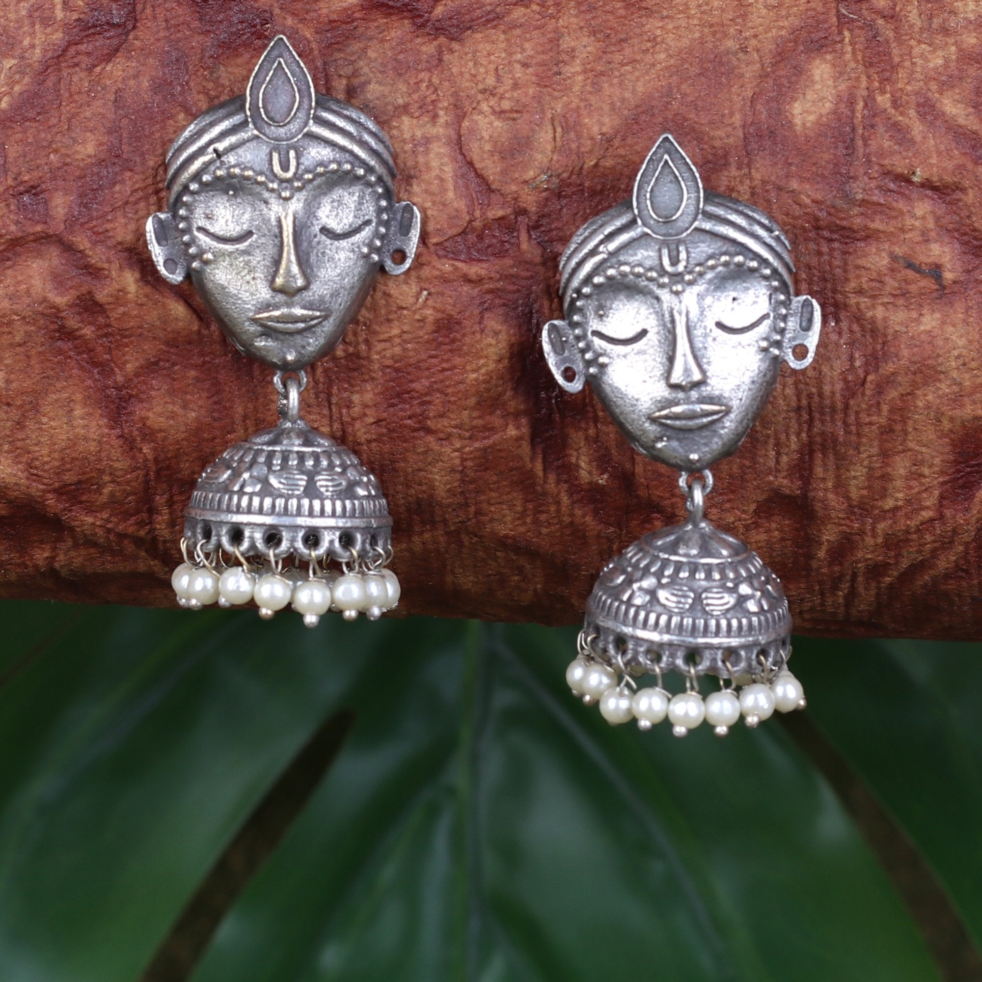 Women's Oxidised German Silver Faces Earrings - InWeave