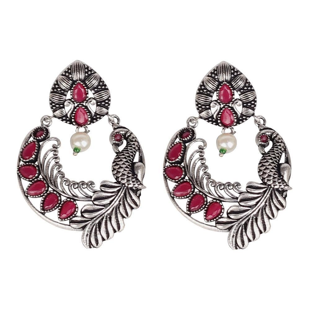 Women's Bird Motif German Silver Earrings With Red Stones - InWeave