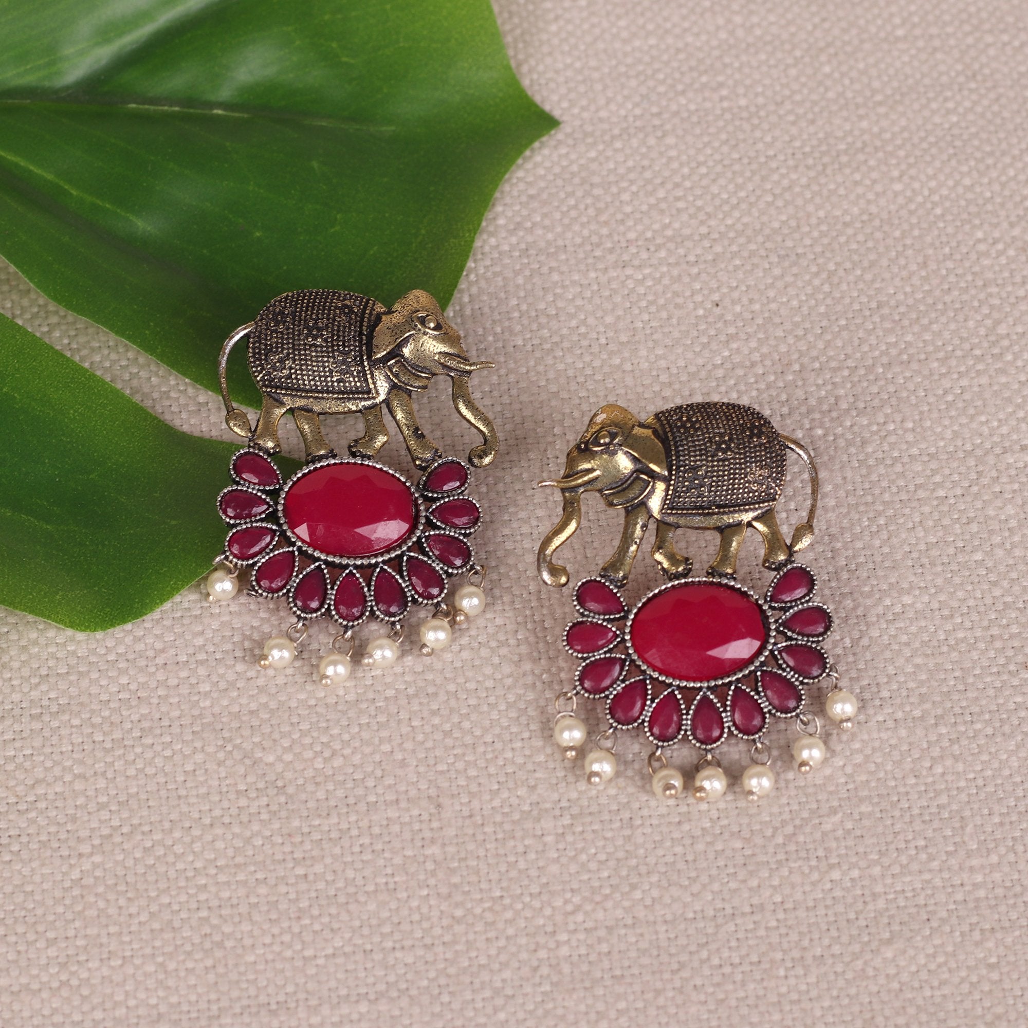 Women's Elephant Motif Earings With Red Stones - InWeave