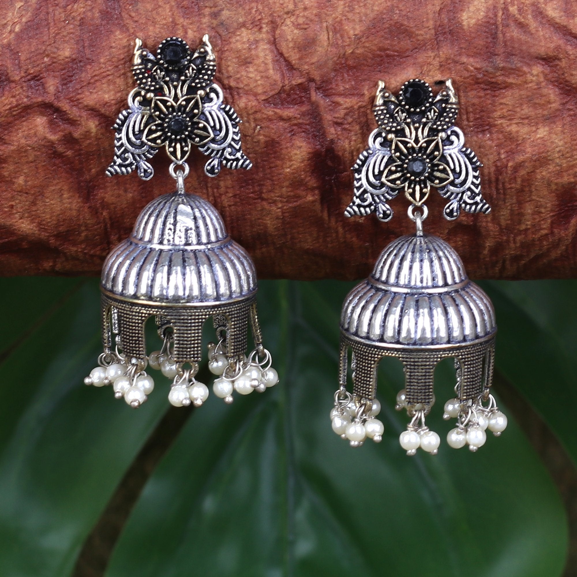 Women's Oxidised Silver With Gold Jhumkas - InWeave