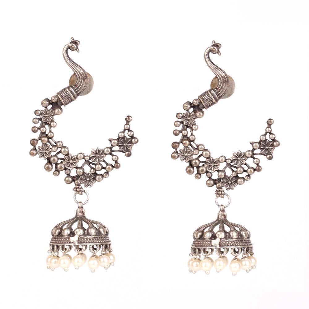 Women's Oxidised Mayura Earings With White Beads - InWeave