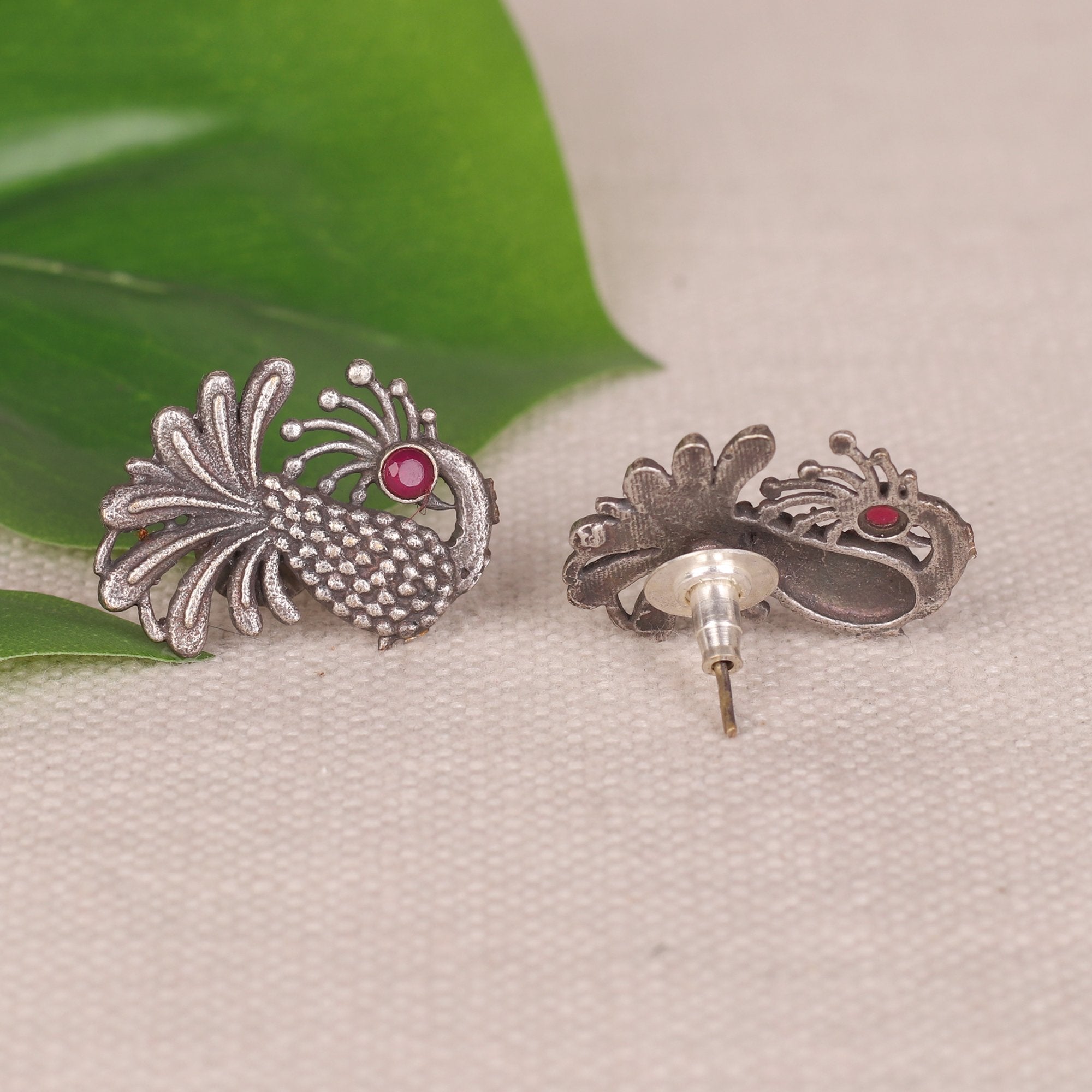 Women's Oxidised  German Silver Earings With Peacock Motif - InWeave